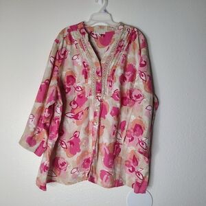 JM Collection Woman 100% Linen Floral Blouse Pink Orange Plus Size 24W Boho Top